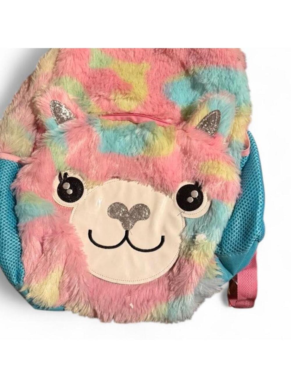Rainbow tie-dye llama backpack with plush texture